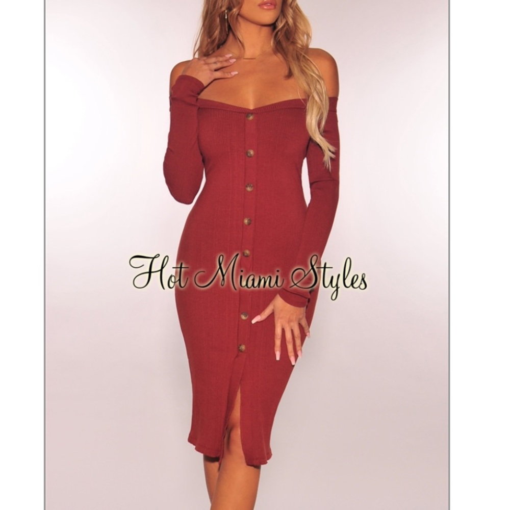 Off the shoulder button down midi dress
